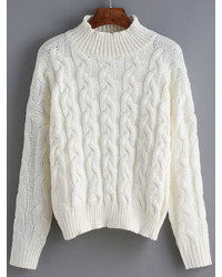 High Neck Cable Knit White Sweater