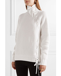 Karl Lagerfeld Lace Up Ribbed Knit Turtleneck Sweater Ivory