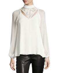 Haute Hippie Through The Looking Glass Mock Neck Silk Blouse W Lace