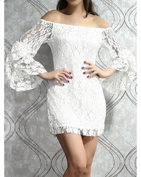Choies White Off Shoulder Lace Bodycon Dress With Flare Sleeve