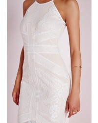 Missguided Lace Mesh Panel Halter Midi Dress Whitenude