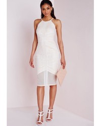 Missguided Lace Mesh Panel Halter Midi Dress Whitenude