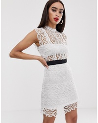 PrettyLittleThing Lace Mini Dress With Contrast Waistband In White