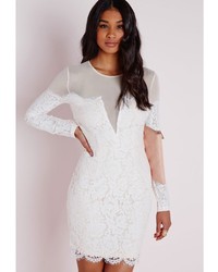Missguided Mesh Lace Long Sleeve Bodycon Dress Whitenude