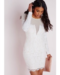 Missguided Mesh Lace Long Sleeve Bodycon Dress Whitenude