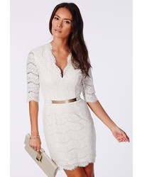 Missguided Corrie Eyelash Lace Plunge Bodycon Dress White
