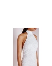 Missguided Lace High Neck Curve Hem Bodycon Dress White