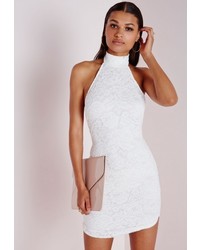 Missguided Lace High Neck Curve Hem Bodycon Dress White