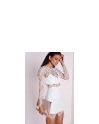 Missguided Lace Long Sleeve Bodycon Dress White