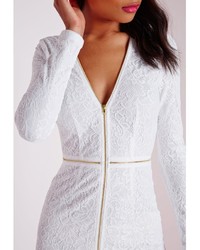 Missguided Lace Plunge Zip Long Sleeve Bodycon Dress White