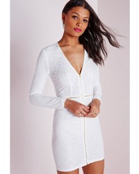 Missguided Lace Plunge Zip Long Sleeve Bodycon Dress White