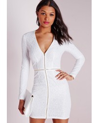 Missguided Lace Plunge Zip Long Sleeve Bodycon Dress White