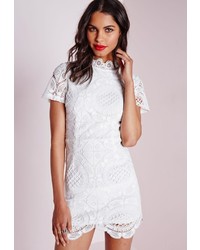 Missguided Lace Short Sleeve Scalloped Hem Dress White