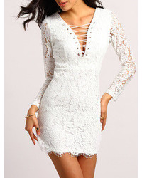 White Deep V Neck Lace Bodycon Dress