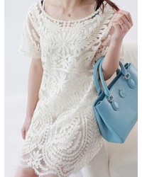 Choies Crochet Lace Short Sleeve Dress In White