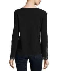 Neiman Marcus Cashmere Collection Lace Cuff Cashmere Crewneck Sweater