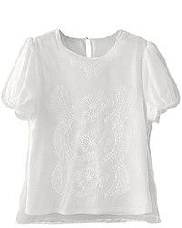 Romwe Lace Crochet Mesh Puff Sleeves White T Shirt