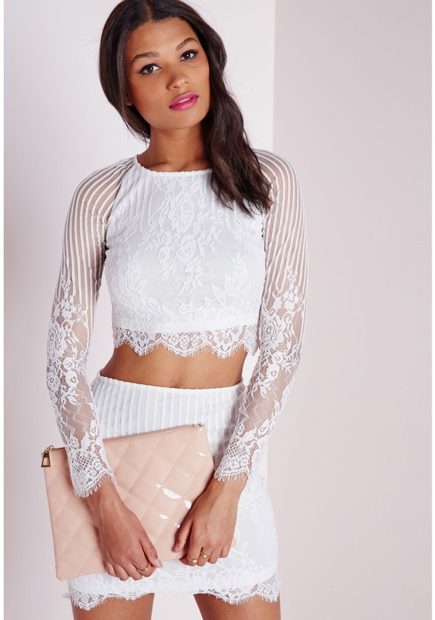 Missguided Long Sleeve Striped Lace Crop Top White, $60, Missguided