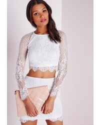 Missguided Long Sleeve Striped Lace Crop Top White