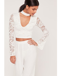 Missguided Lace Choker Neck Flare Sleeve Crop Top White