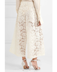 Valentino Cropped Corded Cotton Blend Guipure Lace Wide Leg Pants Ivory