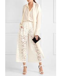 Valentino Cropped Corded Cotton Blend Guipure Lace Wide Leg Pants Ivory