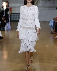 Oscar de la Renta Lace Long Sleeve Tiered Skirt Dress White