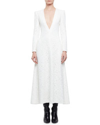 Saint Laurent Long Sleeve Plunging V Neck Long Dress Shell White