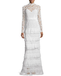 Self-Portrait Primrose Long Sleeve Tiered Lace Gown White