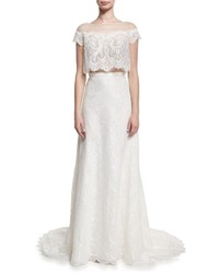 LM Collection Two Piece Hand Beaded Lace Gown White