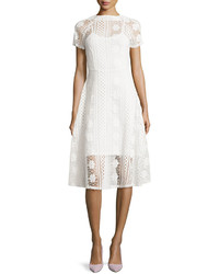 P Luca Lace Short Sleeve Fit Flare Midi Dress White