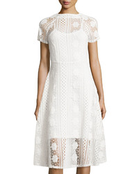 P Luca Lace Short Sleeve Fit Flare Midi Dress White