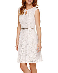 London Times Sleeveless Belted Lace Fit And Flare Dress