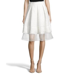 Wyatt White Lace And Twill Leane Pleated Knee Length Skirt