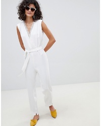 Mango Lace Front V Neck Jumpsuit In White