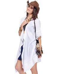 Romwe Lace Trimmed White Kimono Cardigan