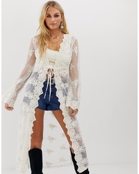 En Creme Maxi Kimono In Lace With Tie Front Detail