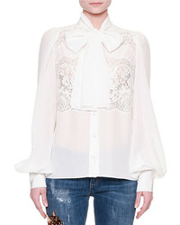 Dolce & Gabbana Bishop Sleeve Lace Inset Blouse Optical White