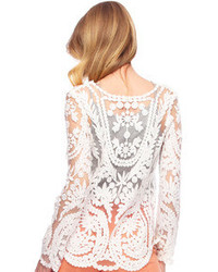 Romwe Hollow Out Lace Crochet White Blouse