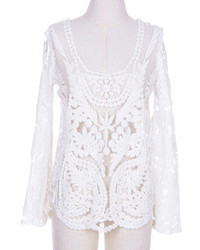 Romwe Hollow Out Lace Crochet White Blouse