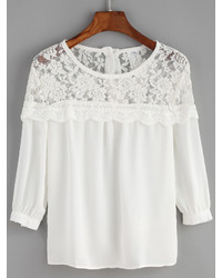 Lace Insert Pearl Button Long Sleeve Blouse
