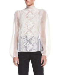 Dolce & Gabbana Long Sleeve Sheer Blouse Wlace Trim Natural White
