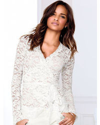 Victorias Secret FOR LOVE & LEMONS White Flower Lace Blouse Long Sleeve  Crop Top 