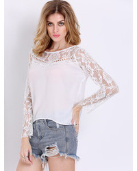 White Long Sleeve Hollow Lace Blouse