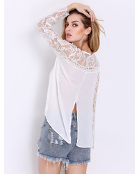 White Long Sleeve Hollow Lace Blouse