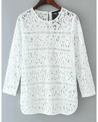 White Long Sleeve Hollow Lace Loose Blouse