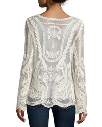 Neiman Marcus Long Sleeve Scoop Neck Lace Top Ivory