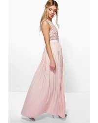 Boohoo Boutique Cara Lace Top Pleated Maxi Dress