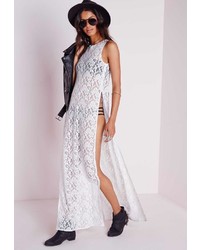 Missguided Sheer Lace Side Split Maxi Dress White