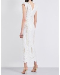 Alessandra Rich Padded Shoulder Floral Lace Midi Dress